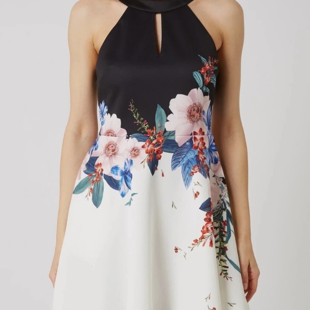 TED BAKER Black White Floral Print Tildda Scuba Neoprene Skater Dress 2 = 6 US